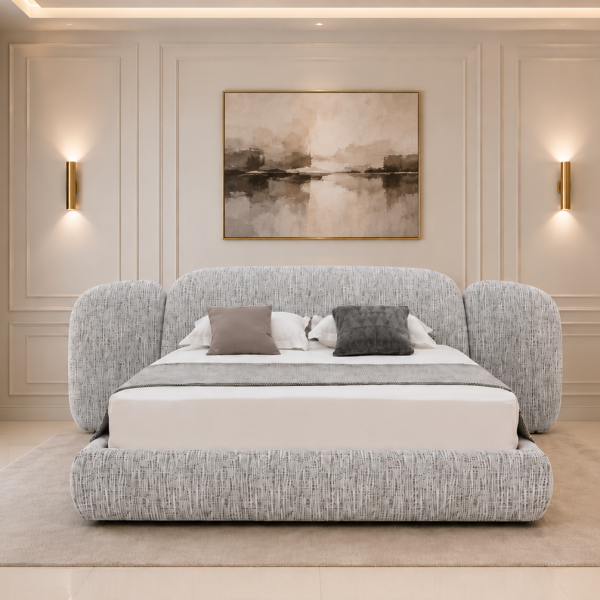 Lit Design Upholstered « Horizon » – Tissu Bouclé & Lignes Incurvées Moderne