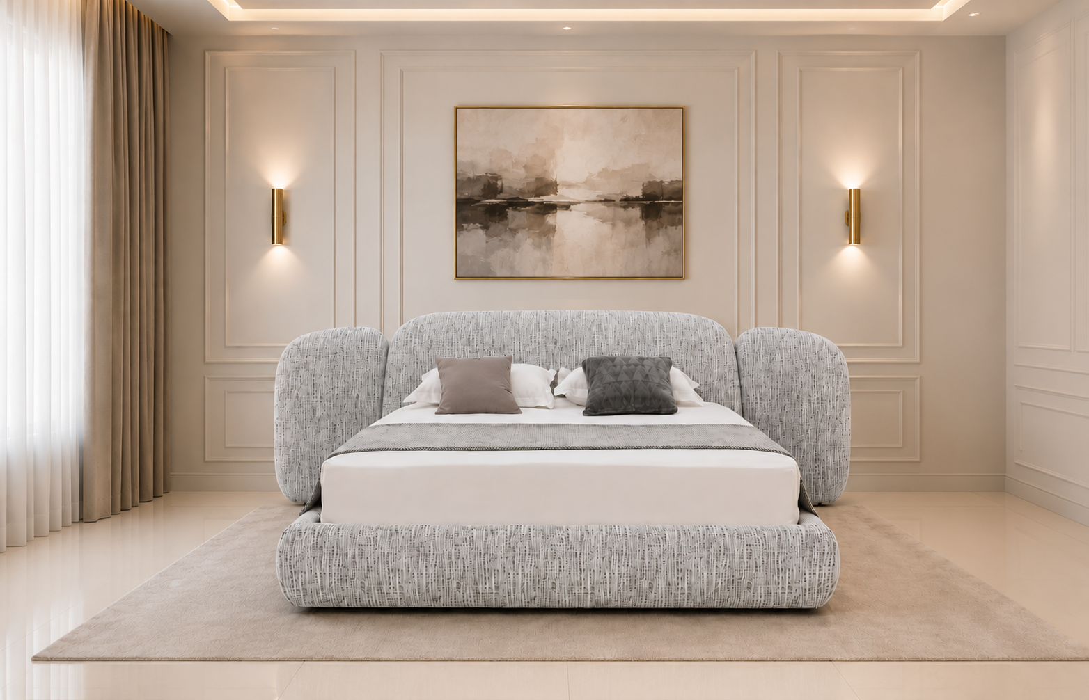 Lit Design Upholstered « Horizon » – Tissu Bouclé & Lignes Incurvées Moderne