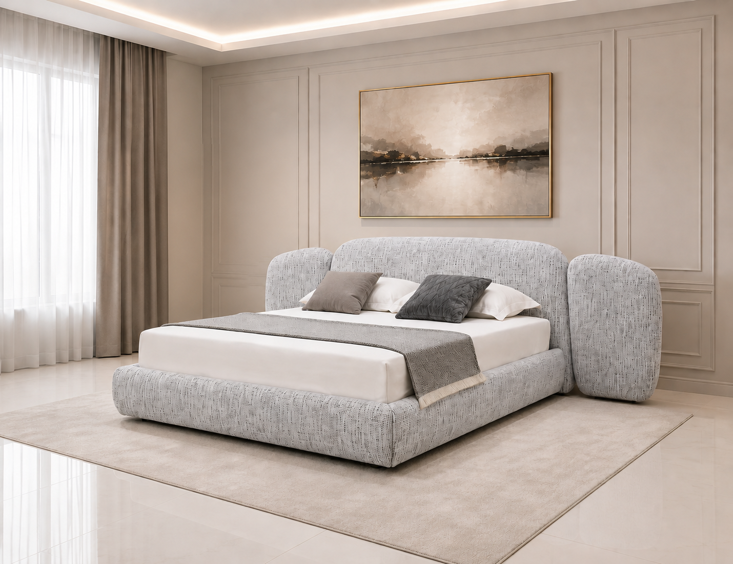 Lit Design Upholstered « Horizon » – Tissu Bouclé & Lignes Incurvées Moderne – Image 2