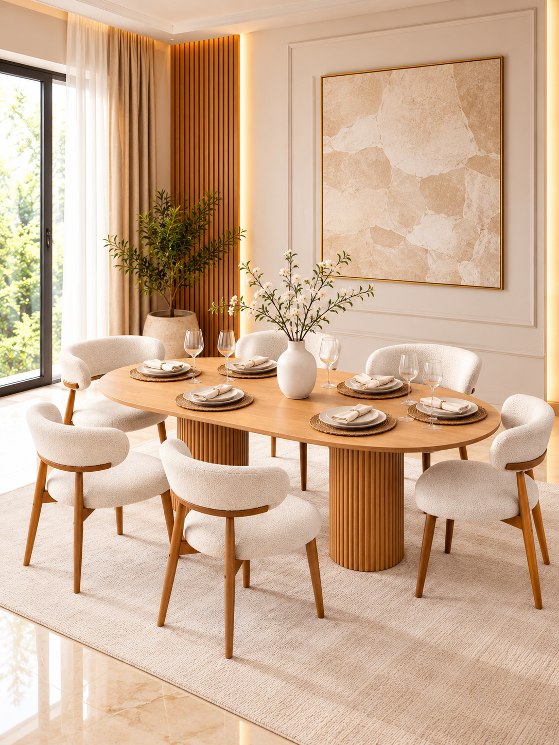 Salle à Manger Chêne Beige Crème Épuré – 6 chaise